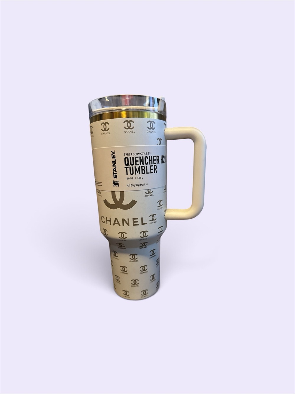 Stanley White and Gold Quencher H2.0 Tumbler with Chanel Motif